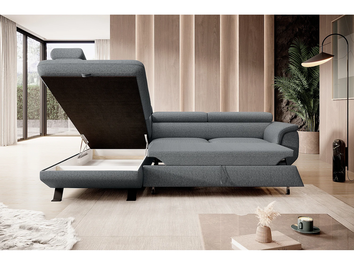 Canapé RAVEN L avec fonction de couchage, compartiment à literie, indépendant, rembourré avec têtières réglables 257x198x96 cm Côté gauche Gris