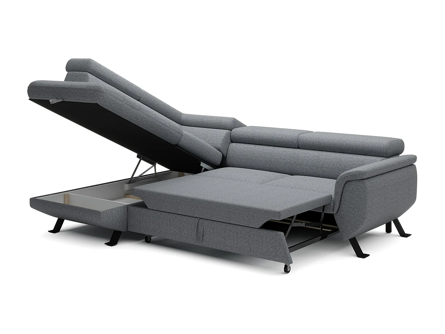 Canapé RAVEN L avec fonction de couchage, compartiment à literie, indépendant, rembourré avec têtières réglables 257x198x96 cm Côté gauche Gris