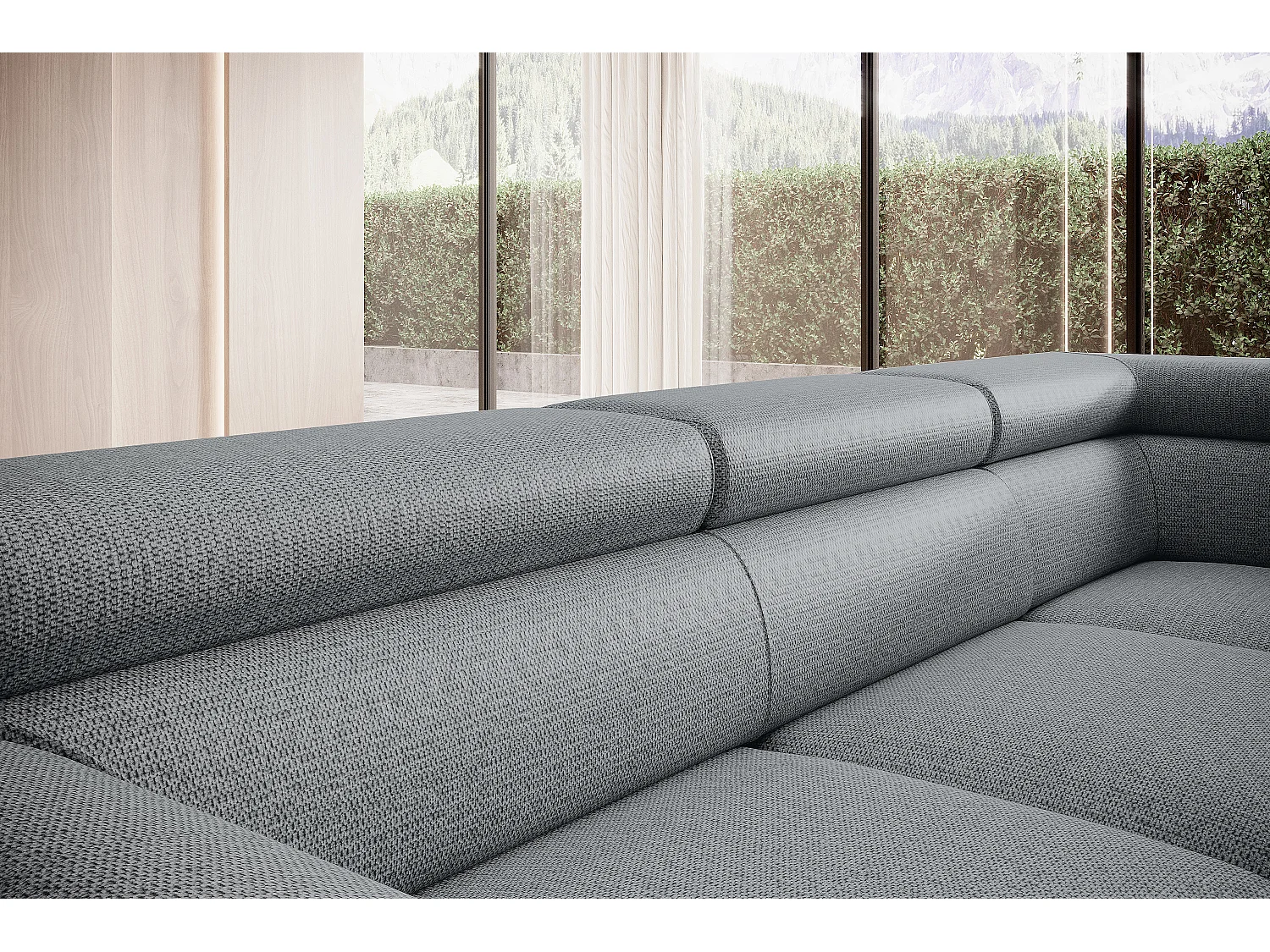 Canapé RAVEN L avec fonction de couchage, compartiment à literie, indépendant, rembourré avec têtières réglables 257x198x96 cm Côté gauche Gris