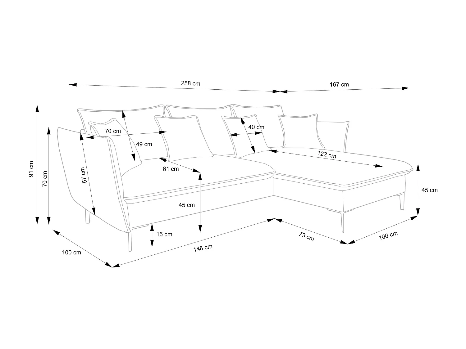 Ecksofa GLOSS mit Schlaffunktion, Ottomane & goldenen Füßen – Samtsofa im GLOSSour-Stil mit Zierkissen, 258x167x91cm, Rechte Seite HELL GRAU