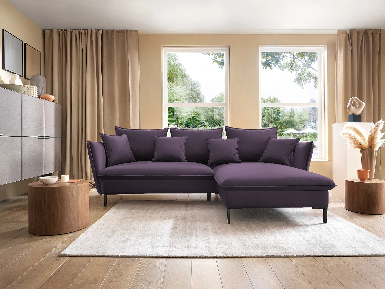 Canapé d'angle GLOSS convertible, ottomane & pieds dorés – canapé en velours style GLOSSour avec coussins déco, 258x167x91 cm, côté droit GRIS CLAIR