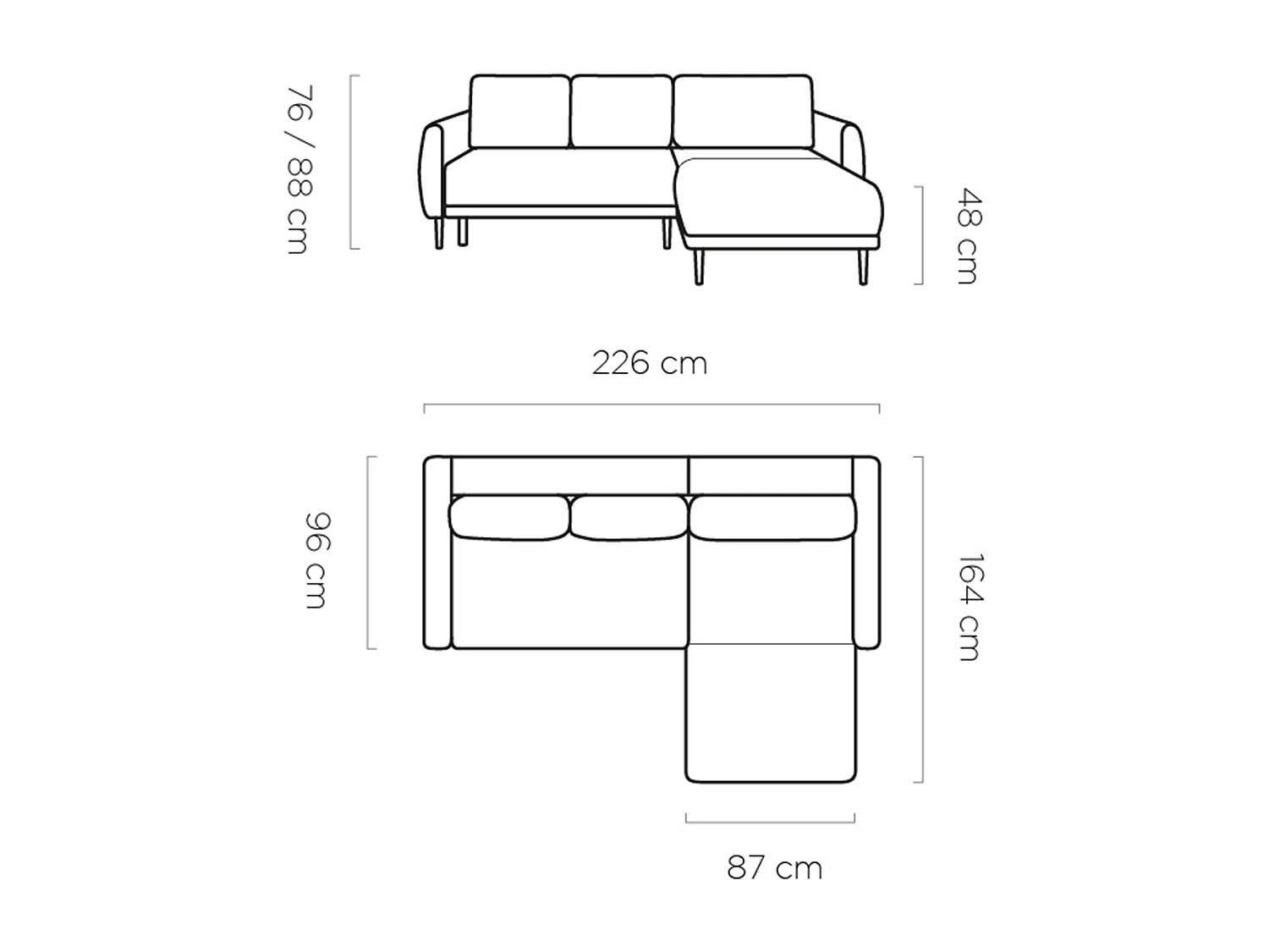 ECKSOFA BONO Stilvolles Sofa mit Schlaffunktion, Robuste Holzfüße, Elegante Armlehnen, Tiefe Sitzfläche 226x164x88cm, Linke Seite Esche