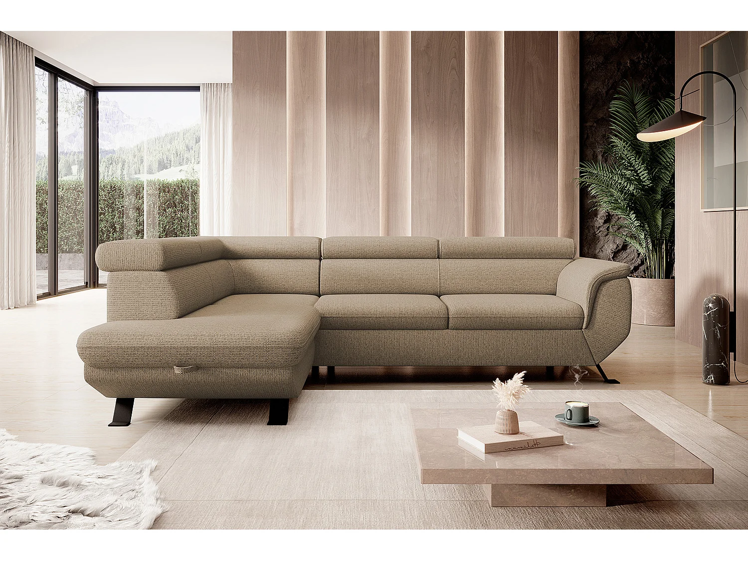 ECKSOFA RAVEN L mit Schlaffunktion und Bettkasten, Freistehend, Polstersofa mit Verstellbaren Kopfstützen, 257x198x96 cm, Linke Seite, Cappucino