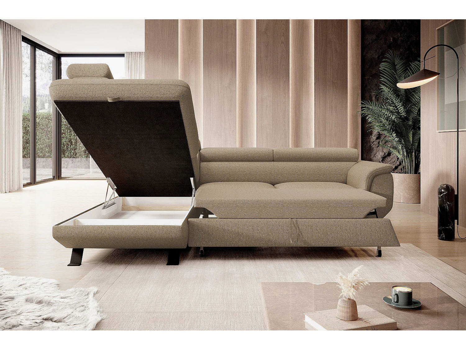 ECKSOFA RAVEN L mit Schlaffunktion und Bettkasten, Freistehend, Polstersofa mit Verstellbaren Kopfstützen, 257x198x96 cm, Linke Seite, Cappucino