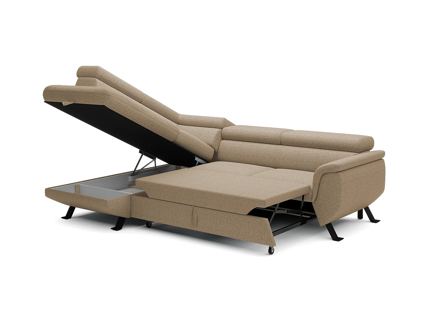 Canapé RAVEN L avec fonction de couchage, compartiment à literie, indépendant, rembourré avec têtières réglables 257x198x96 cm Côté gauche Cappuccino