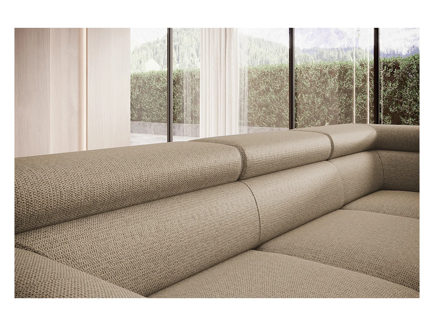 Canapé RAVEN L avec fonction de couchage, compartiment à literie, indépendant, rembourré avec têtières réglables 257x198x96 cm Côté gauche Cappuccino