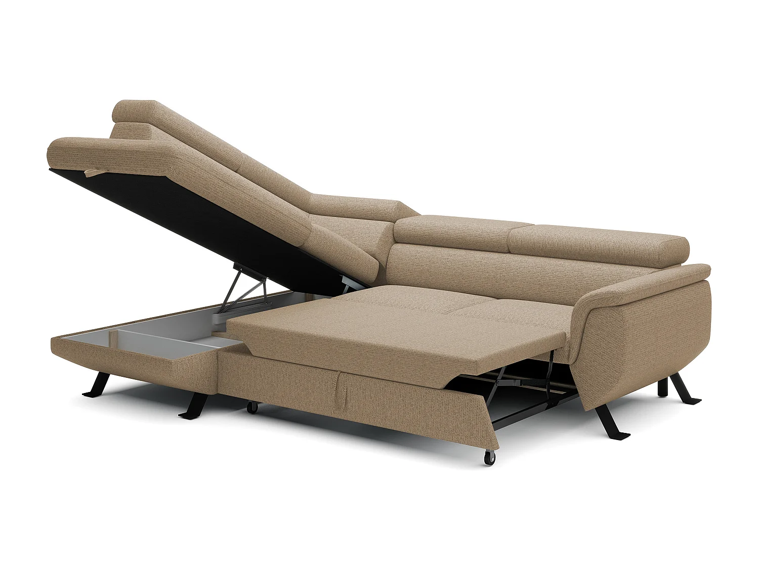 Canapé RAVEN L avec fonction de couchage, compartiment à literie, indépendant, rembourré avec têtières réglables 257x198x96 cm Côté gauche Cappuccino