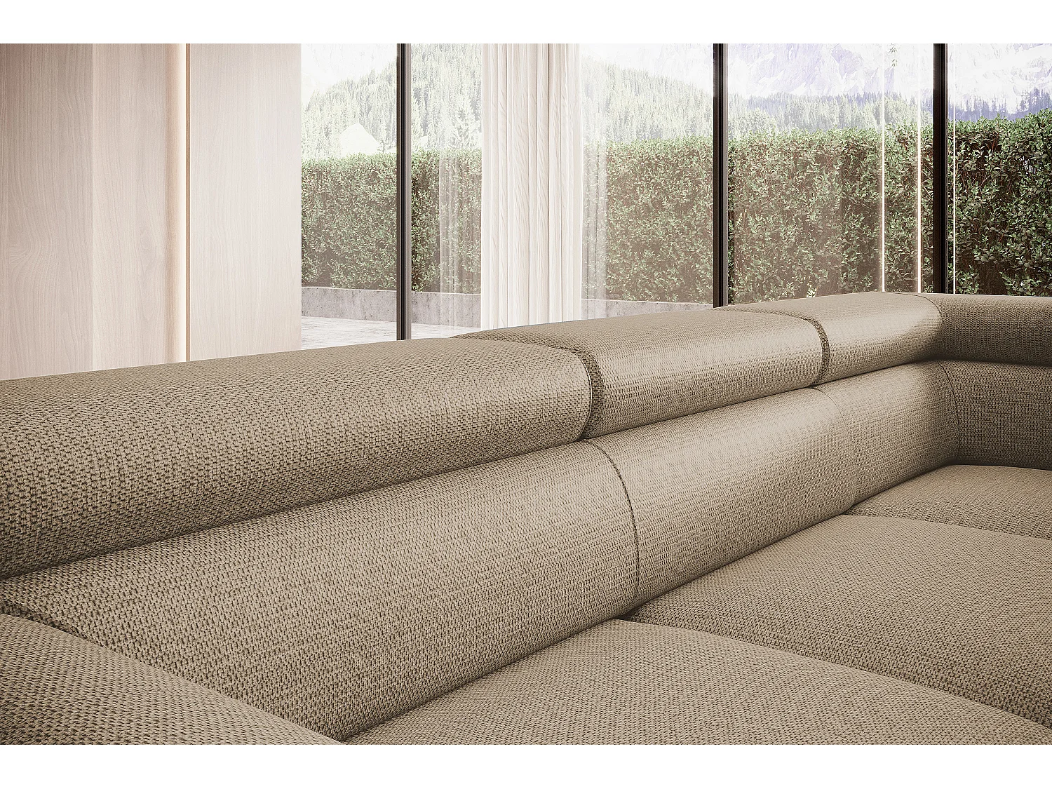 Canapé RAVEN L avec fonction de couchage, compartiment à literie, indépendant, rembourré avec têtières réglables 257x198x96 cm Côté gauche Cappuccino