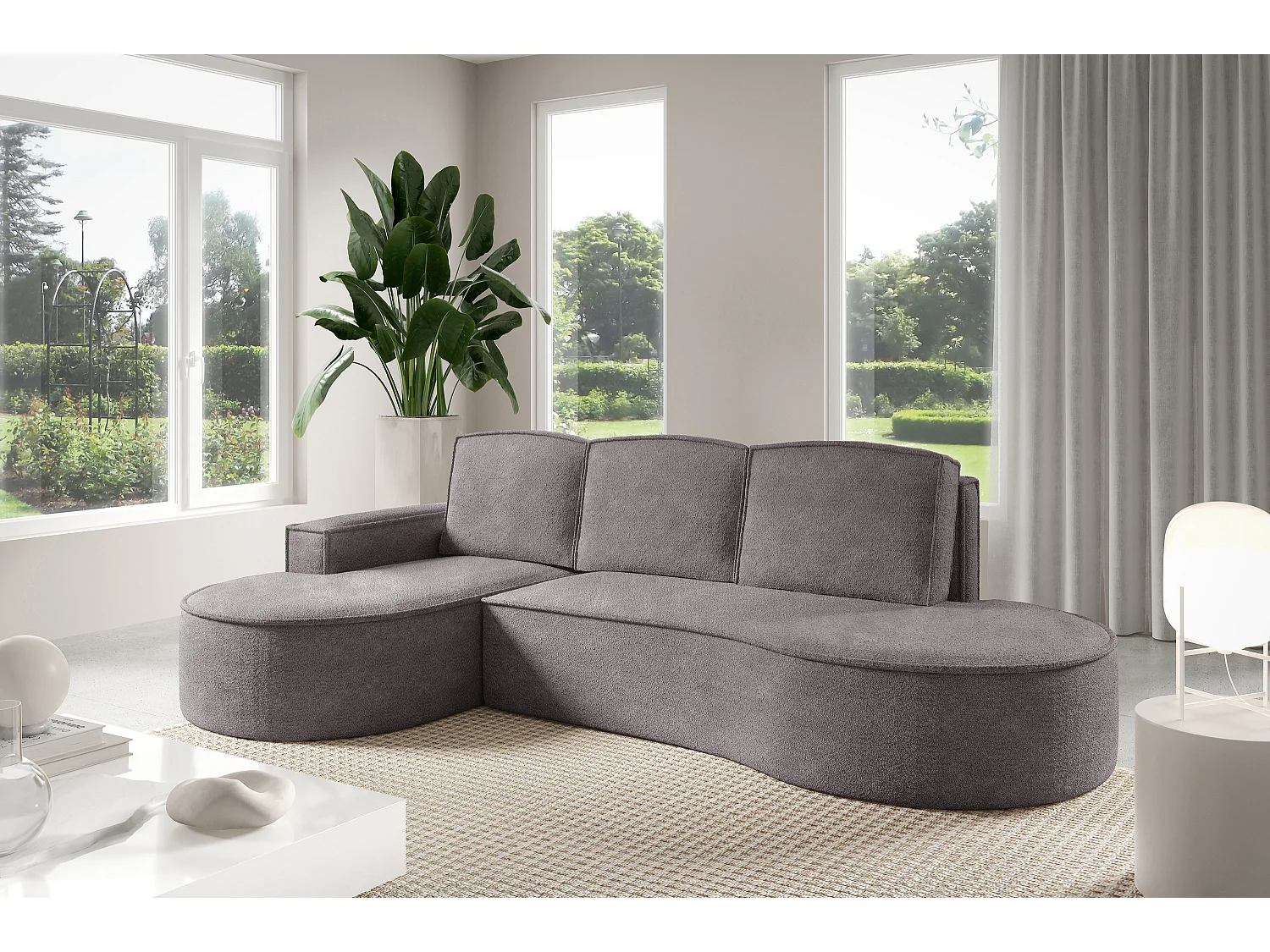 Ecksofa MOLLY mit Schlaffunktion – Halbrund, freistehend, Liegefläche 140x207 cm, 3 Kissen, Abriamo-Stoff, 277x157x88 cm, Links Grau Seide