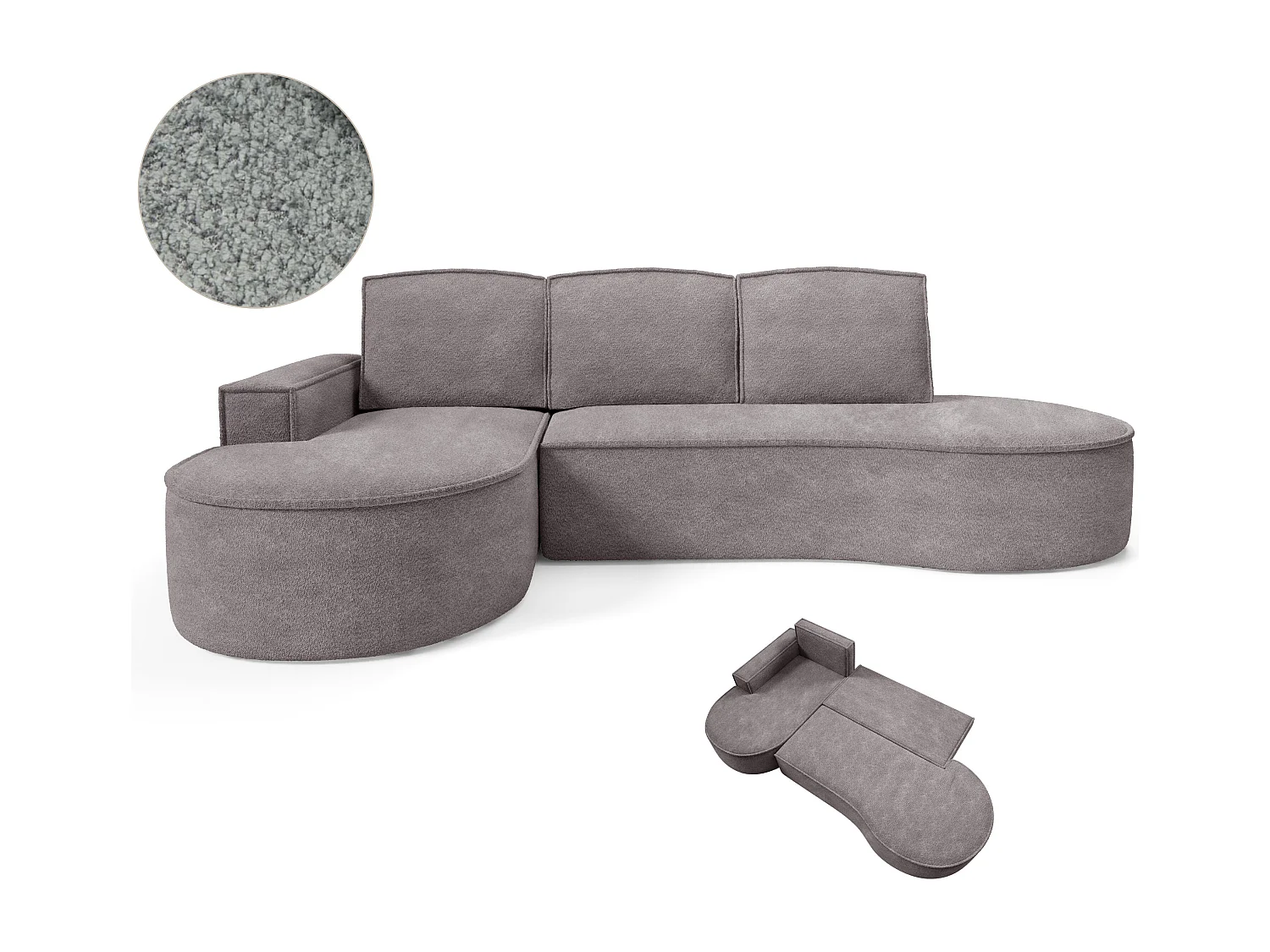 Ecksofa MOLLY mit Schlaffunktion – Halbrund, freistehend, Liegefläche 140x207 cm, 3 Kissen, Abriamo-Stoff, 277x157x88 cm, Links Grau Seide