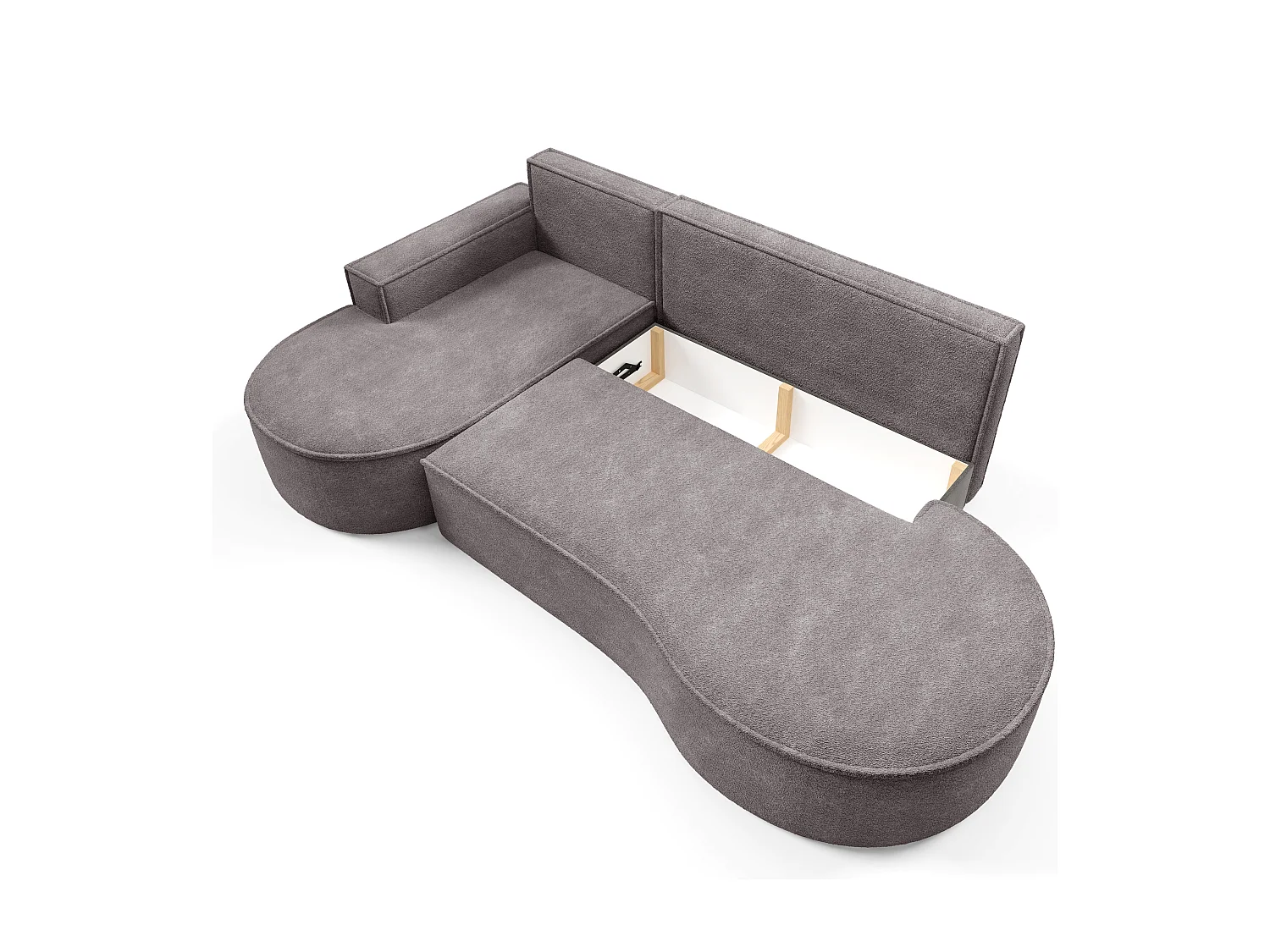 Ecksofa MOLLY mit Schlaffunktion – Halbrund, freistehend, Liegefläche 140x207 cm, 3 Kissen, Abriamo-Stoff, 277x157x88 cm, Links Grau Seide