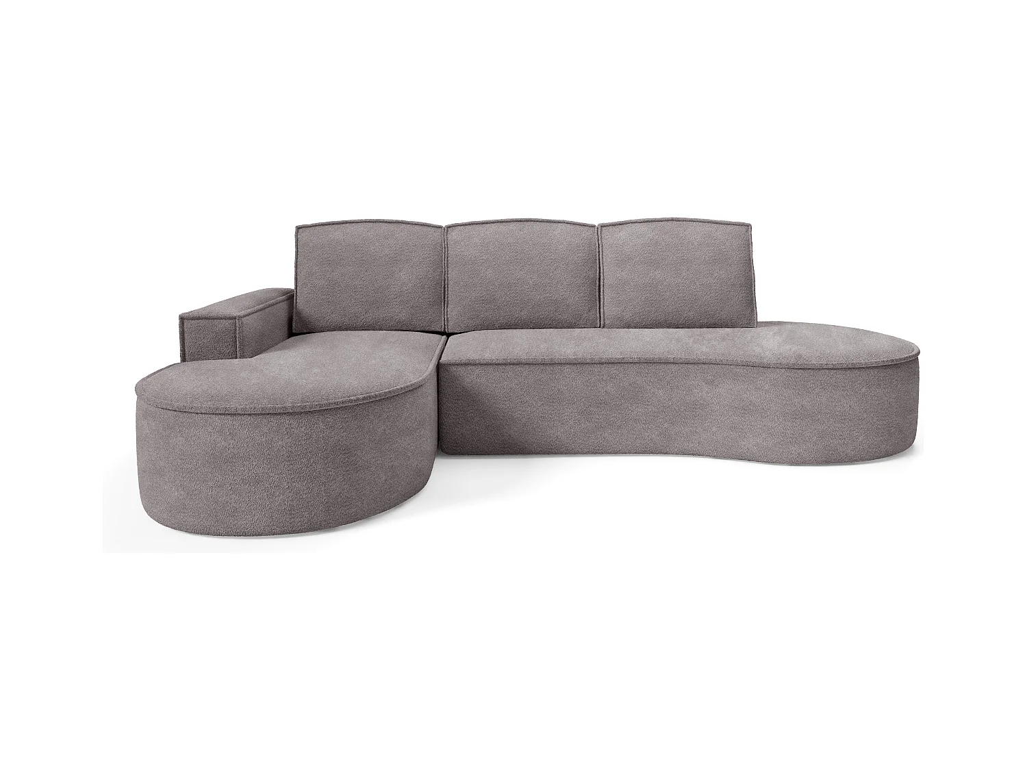 Canapé d'angle MOLLY avec couchage - Design arrondi, autoportant, 140x207 cm, 3 coussins, tissu Abriamo, 277x157x88 cm, côté gauche gris soie