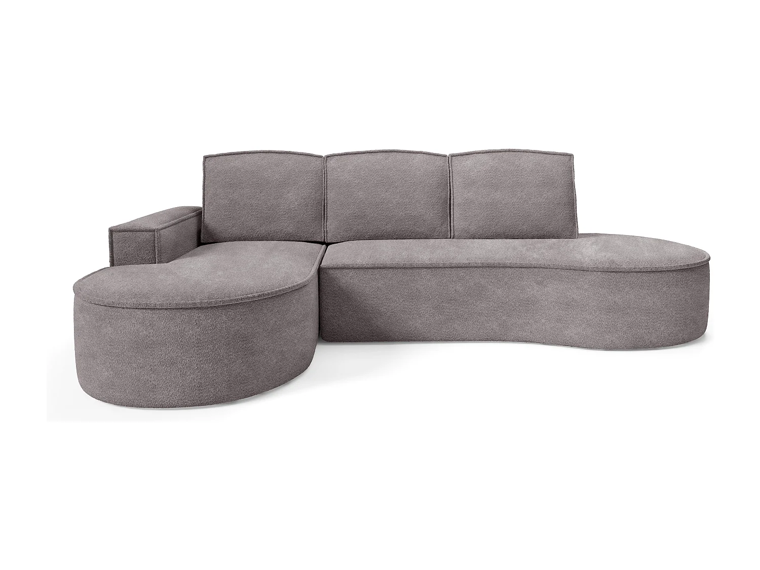 Canapé d'angle MOLLY avec couchage - Design arrondi, autoportant, 140x207 cm, 3 coussins, tissu Abriamo, 277x157x88 cm, côté gauche gris soie