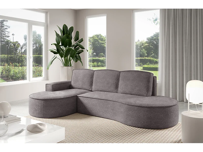 Hoekbank MOLLY met Slaapfunctie – Halfrond, Vrijstaand, Slaapoppervlak 140x207cm, 3 Grote Kussens, Abriamo Stof, 277x157x88cm, Links Zijdegrijs