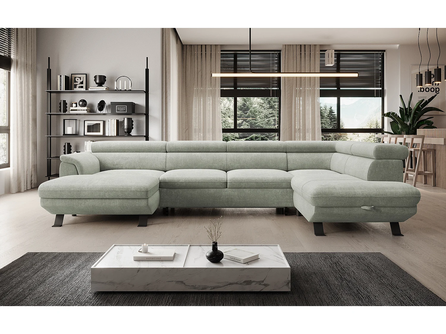 Canapé d'angle RAVEN XL convertible avec tiroir-lit, appuie-têtes réglables, coffre, 334x198x162cm, côté droit Sable