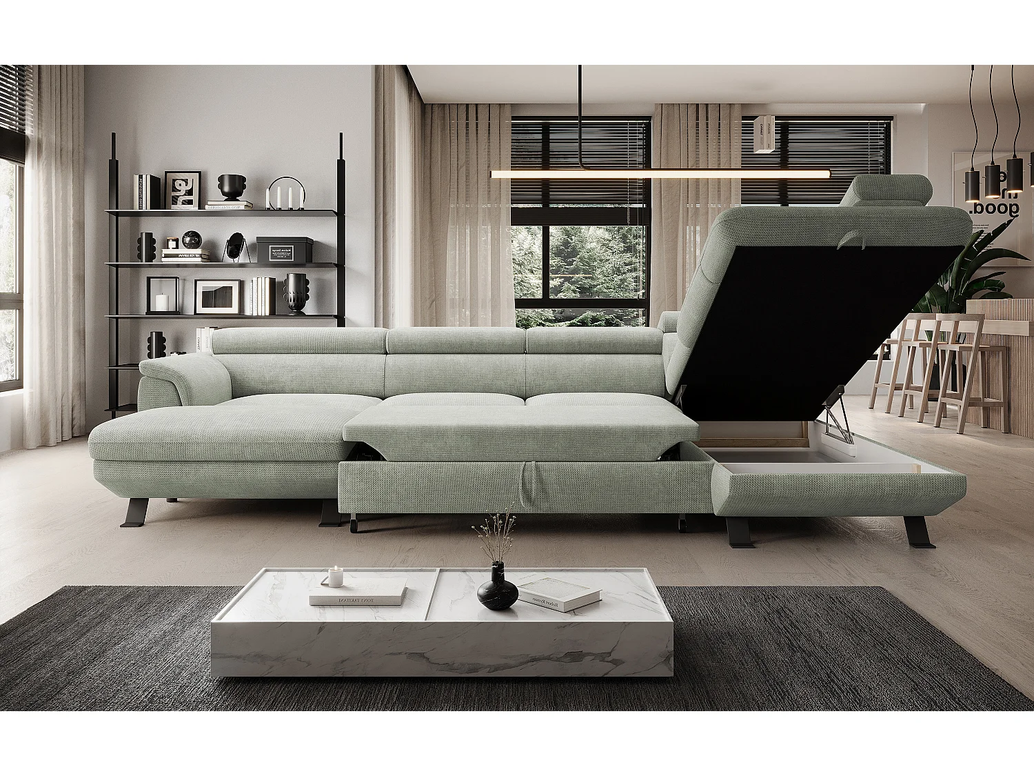 Canapé d'angle RAVEN XL convertible avec tiroir-lit, appuie-têtes réglables, coffre, 334x198x162cm, côté droit Sable