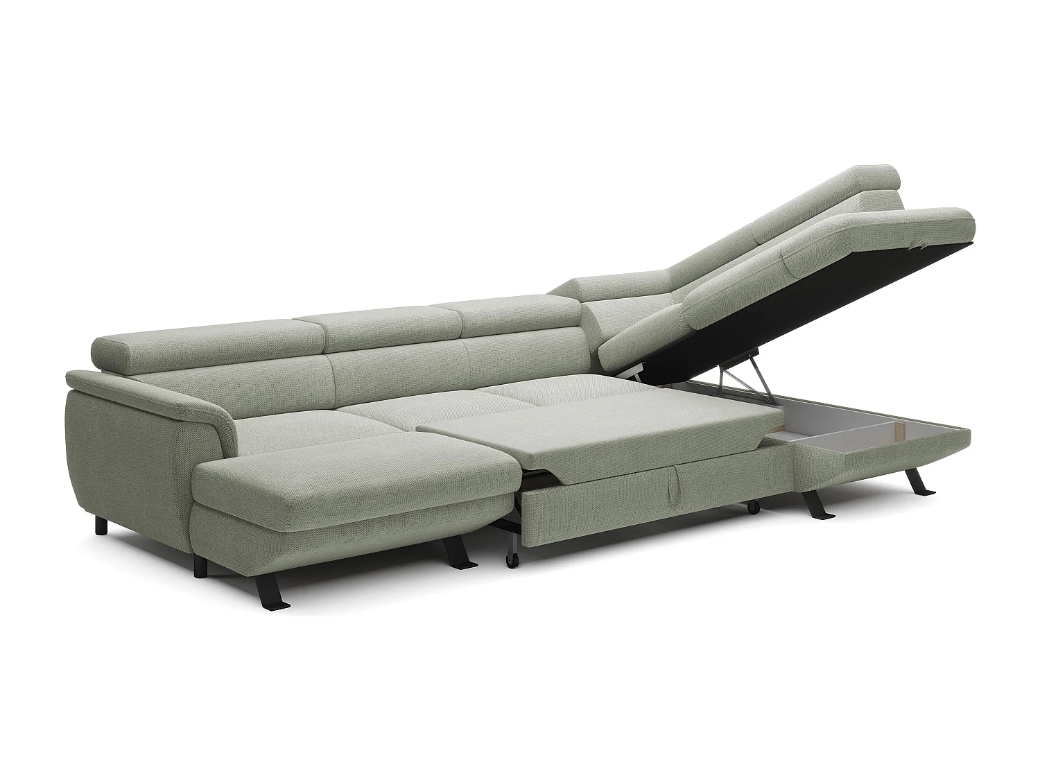 Canapé d'angle RAVEN XL convertible avec tiroir-lit, appuie-têtes réglables, coffre, 334x198x162cm, côté droit Sable