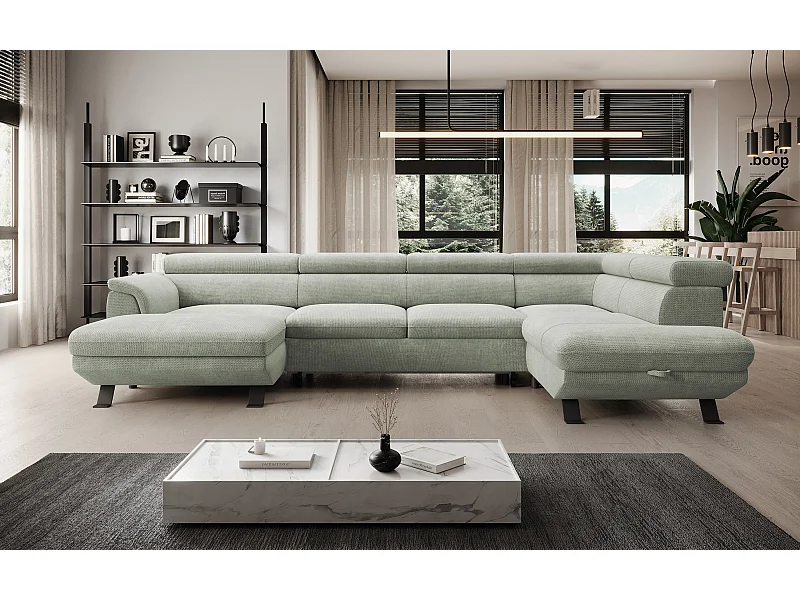 Canapé d'angle RAVEN XL convertible avec tiroir-lit, appuie-têtes réglables, coffre, 334x198x162cm, côté droit Sable