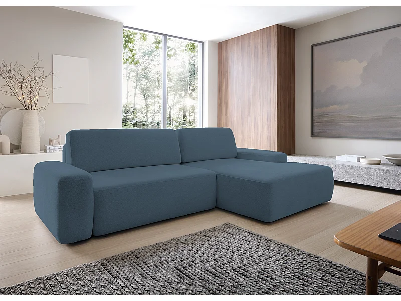 Canapé d’angle BOULI 4 places Raven, couchage 130x210cm, coffre, 264x162x82cm, droite vert lagon