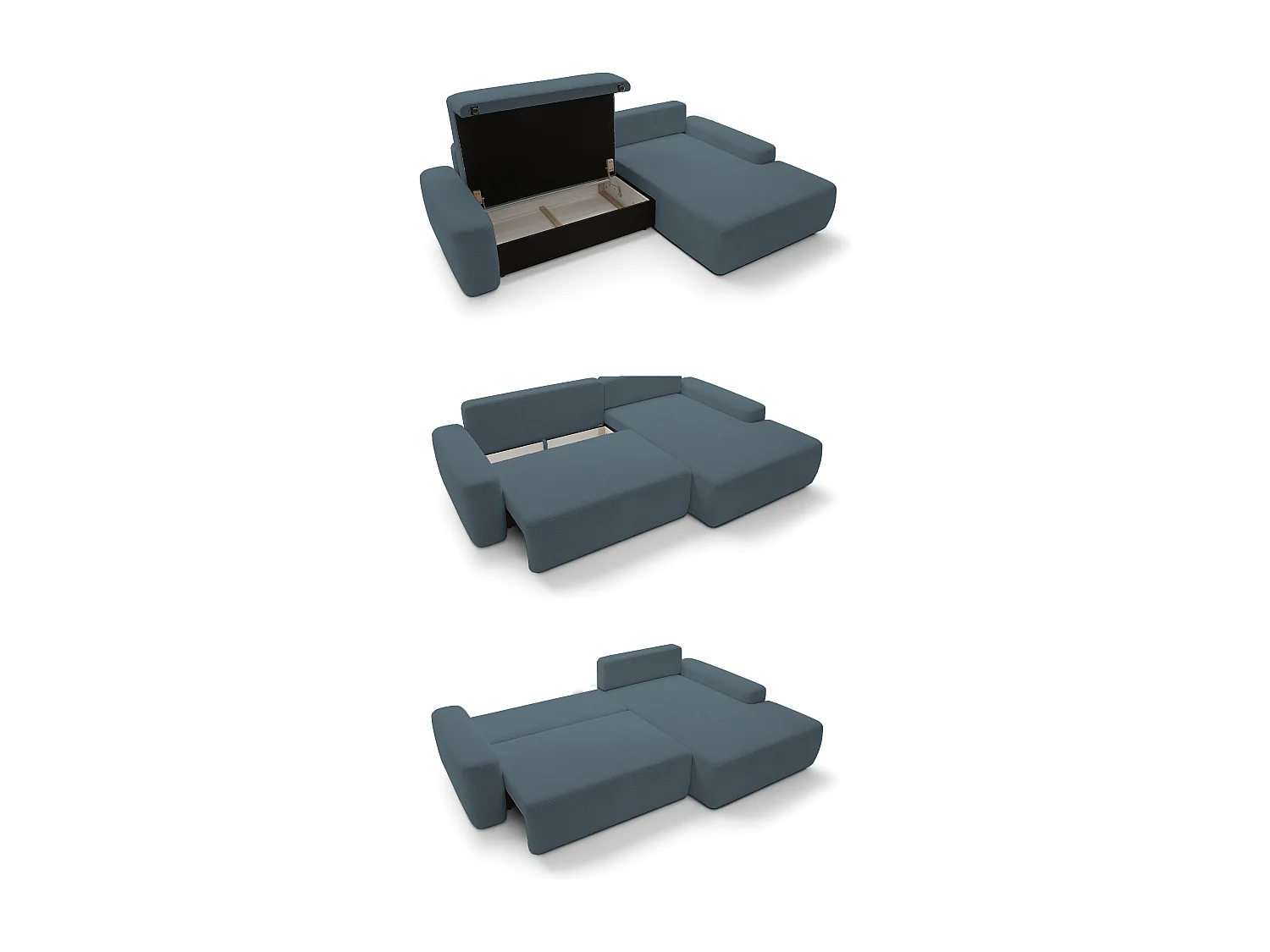 Canapé d’angle BOULI 4 places Raven, couchage 130x210cm, coffre, 264x162x82cm, droite vert lagon