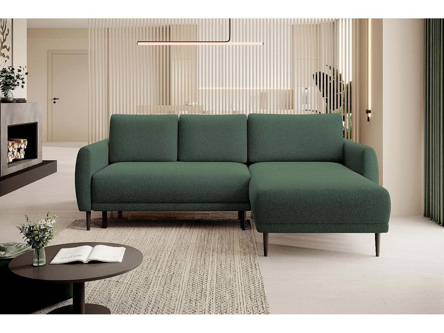 CANAPE BONO Canapé élégant avec fonction sommeil, Pieds en bois robustes, Accoudoirs élégants, Assise profonde 226x164x88cm, Côté droit Vert forêt