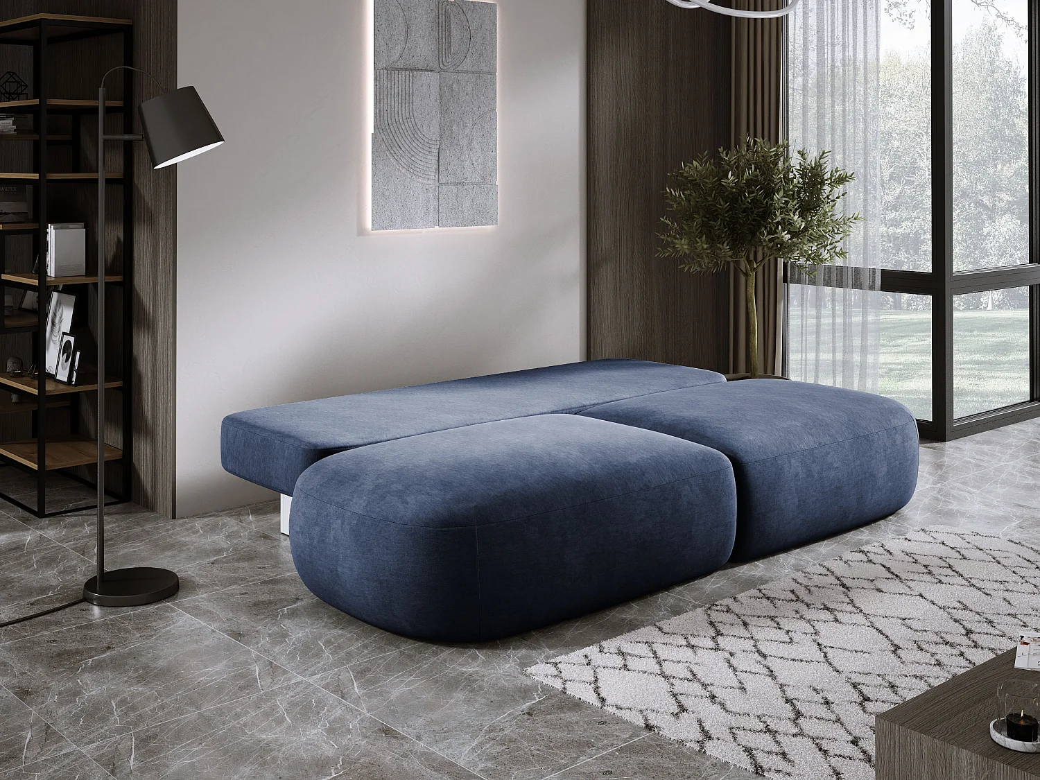 Sofa BABU nowoczesna, funkcja spania – Sofa 3-osobowa z pojemnikiem na pościel, DL-Automatic, 2 poduszki, 240x90x90 cm Niebieska