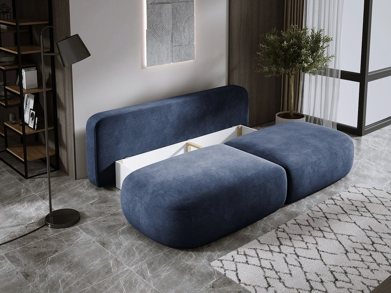 Sofa BABU nowoczesna, funkcja spania – Sofa 3-osobowa z pojemnikiem na pościel, DL-Automatic, 2 poduszki, 240x90x90 cm Niebieska