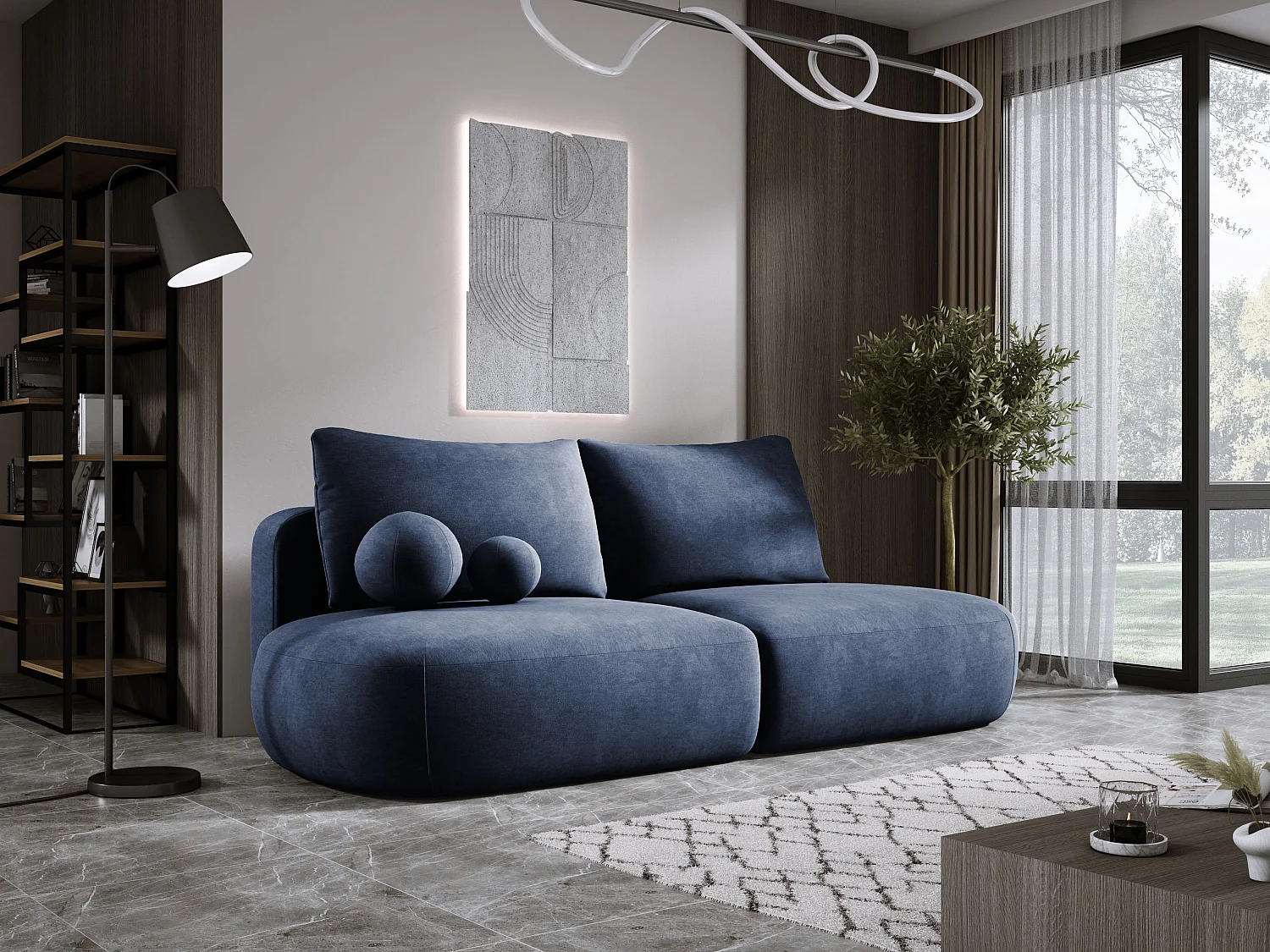 Canapé-lit moderne BABU avec coffre, fonction sommeil, DL-Automat, 2 coussins dossier, 2 coussins déco, 240x90x90 cm Bleu