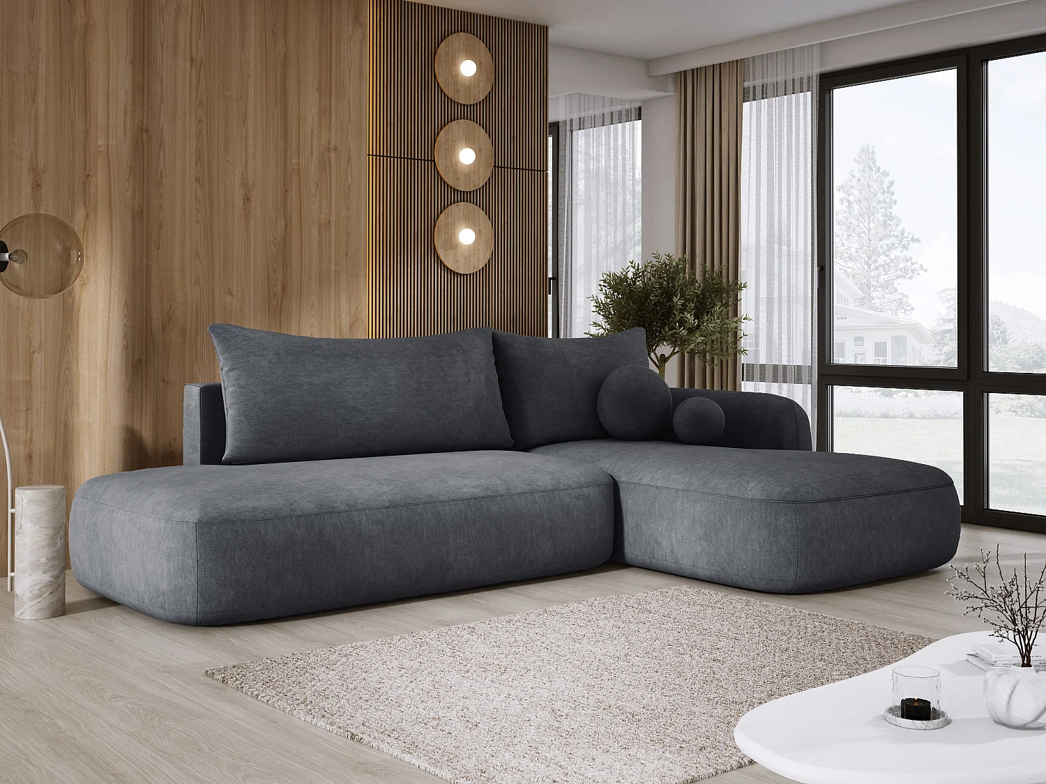 Narożnik BABU z funkcją spania – nowoczesna sofa do salonu, materiał CLOUD, 300x105x60 cm, prawa strona, Szary