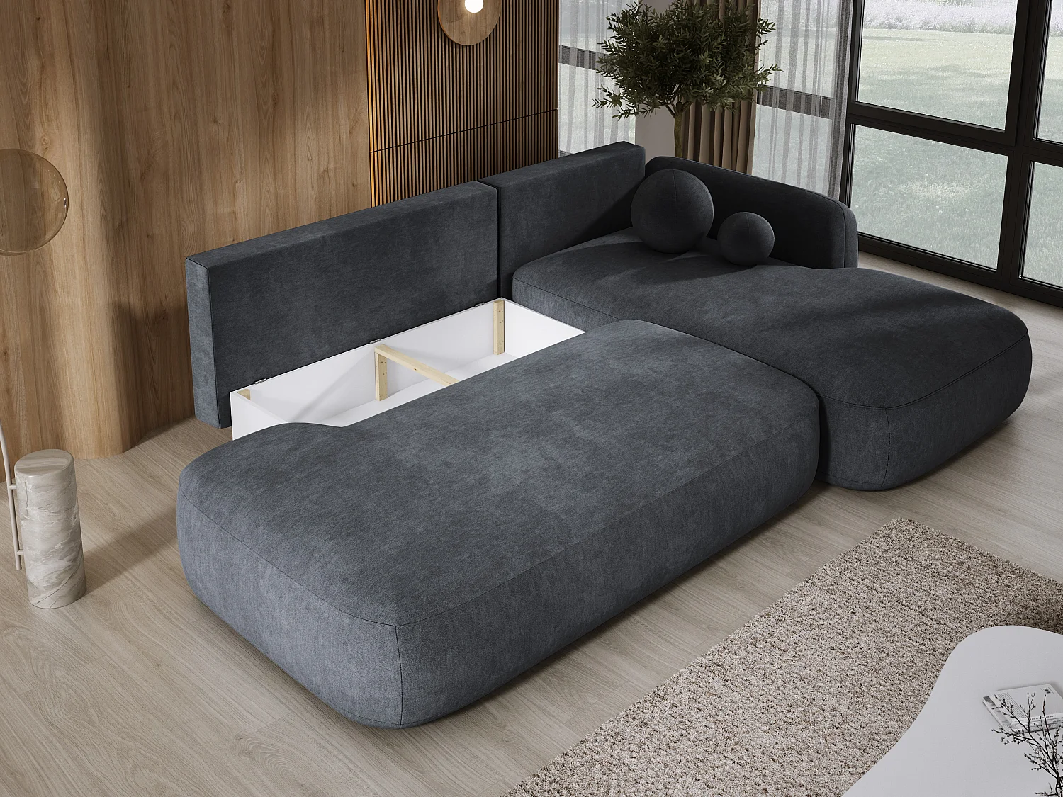 Canapé d'angle BABU avec lit – Sofa convertible moderne CLOUD, 300x105x60cm, côté droit, Gris