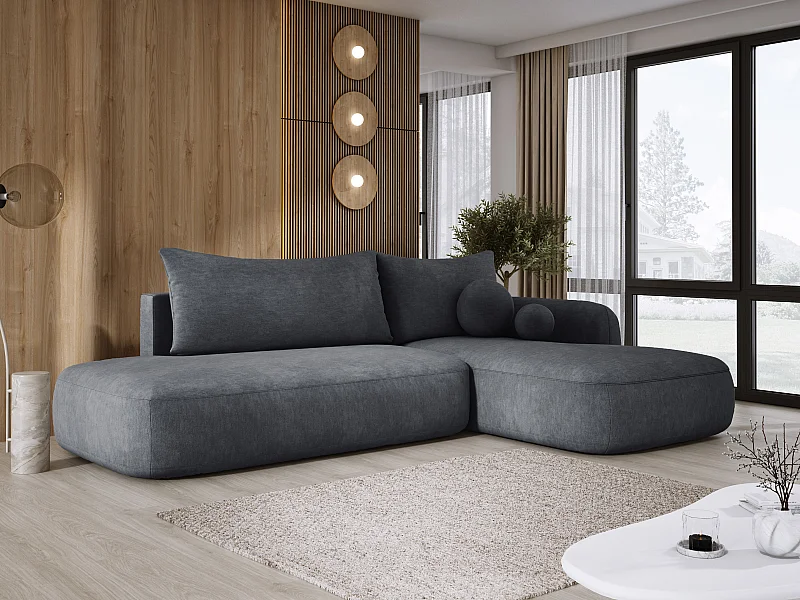Narożnik BABU z funkcją spania – nowoczesna sofa do salonu, materiał CLOUD, 300x105x60 cm, prawa strona, Szary