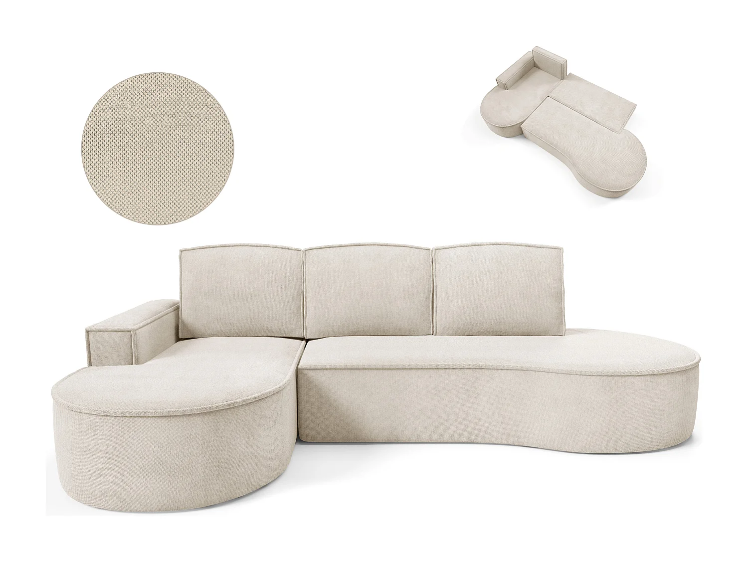 Canapé d'angle MOLLY avec couchage - Design arrondi, autoportant, 140x207 cm, 3 coussins, tissu Abriamo, 277x157x88 cm, côté gauche beige