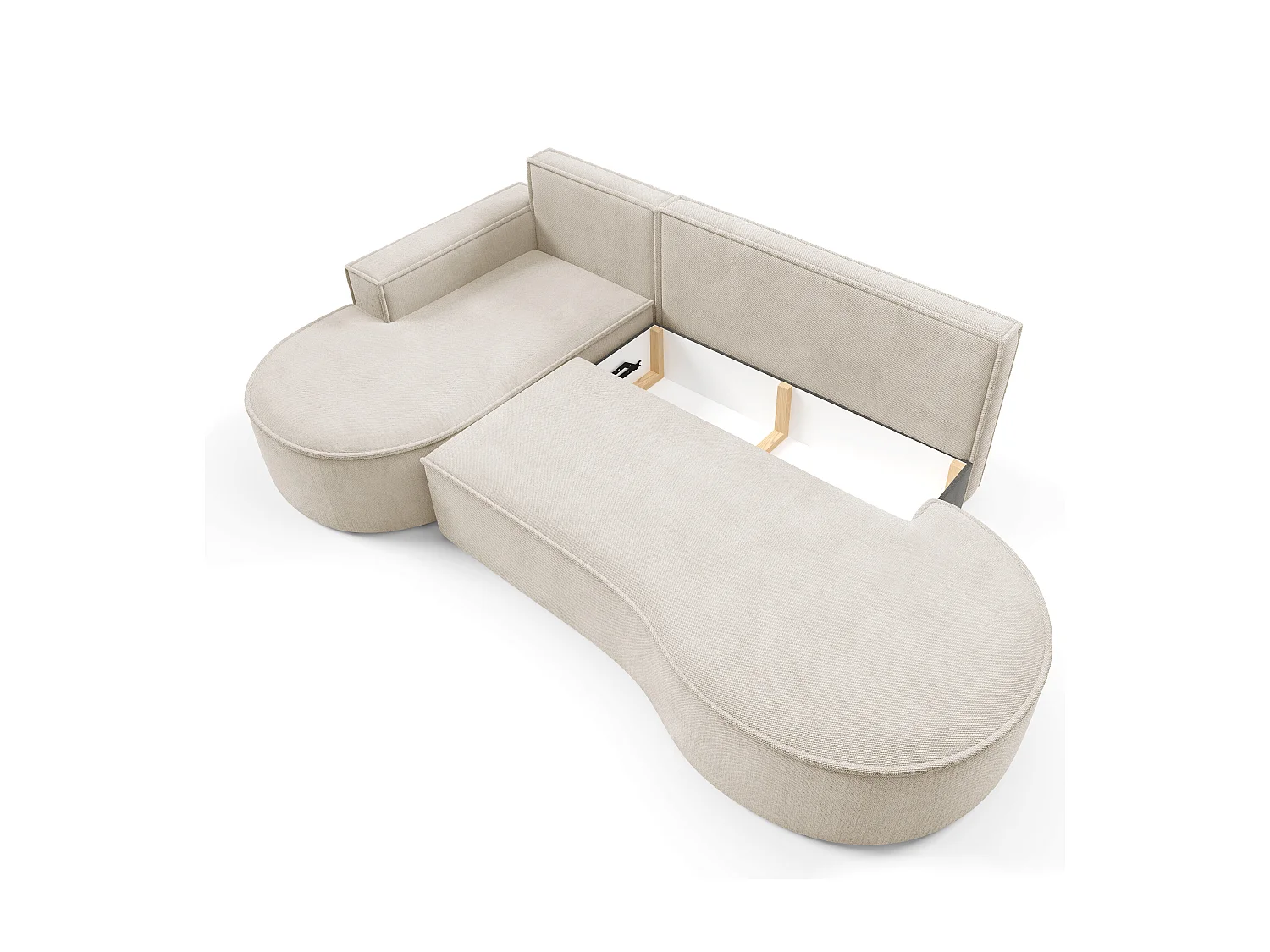 Canapé d'angle MOLLY avec couchage - Design arrondi, autoportant, 140x207 cm, 3 coussins, tissu Abriamo, 277x157x88 cm, côté gauche beige