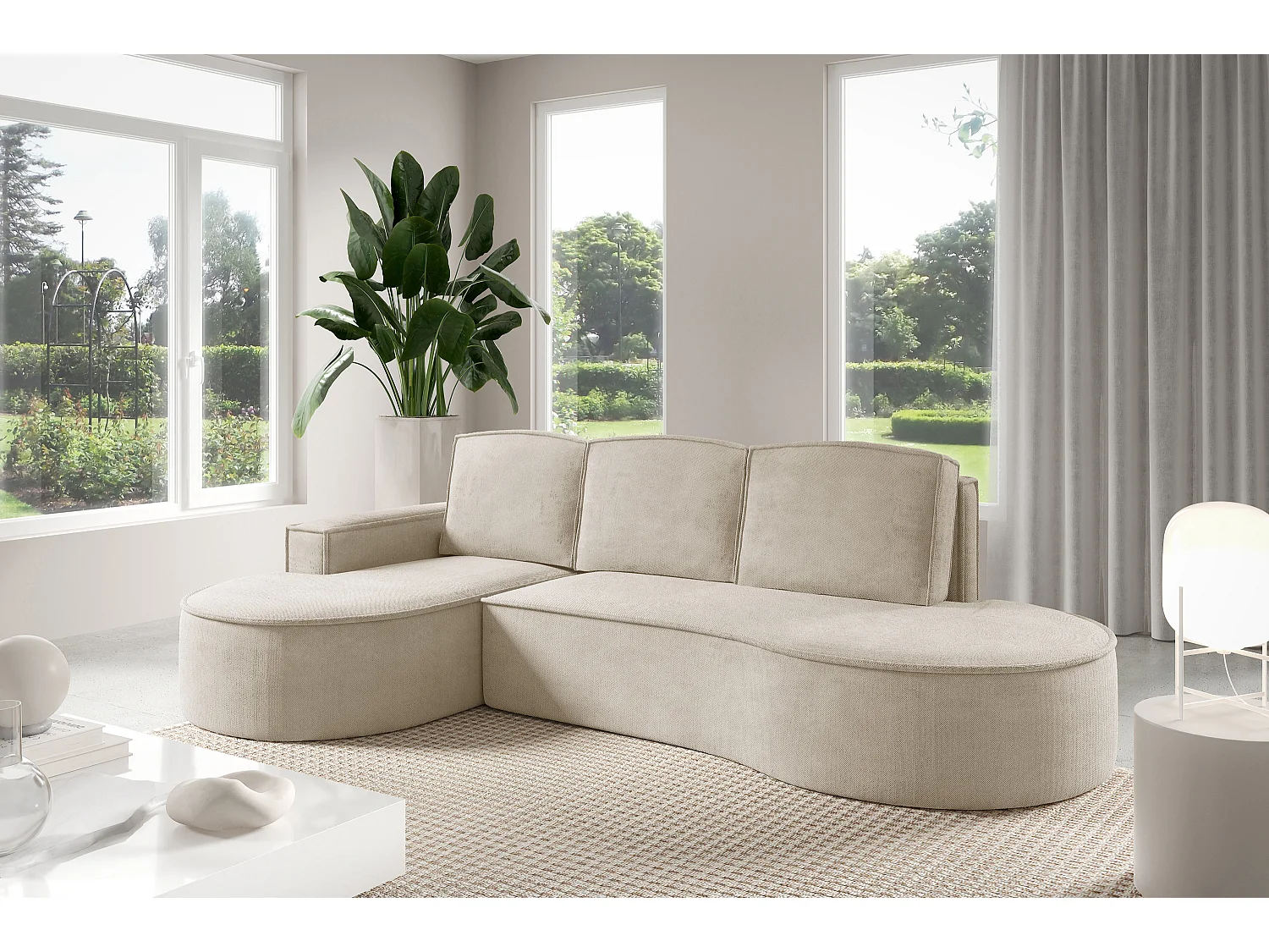 Canapé d'angle MOLLY avec couchage - Design arrondi, autoportant, 140x207 cm, 3 coussins, tissu Abriamo, 277x157x88 cm, côté gauche beige