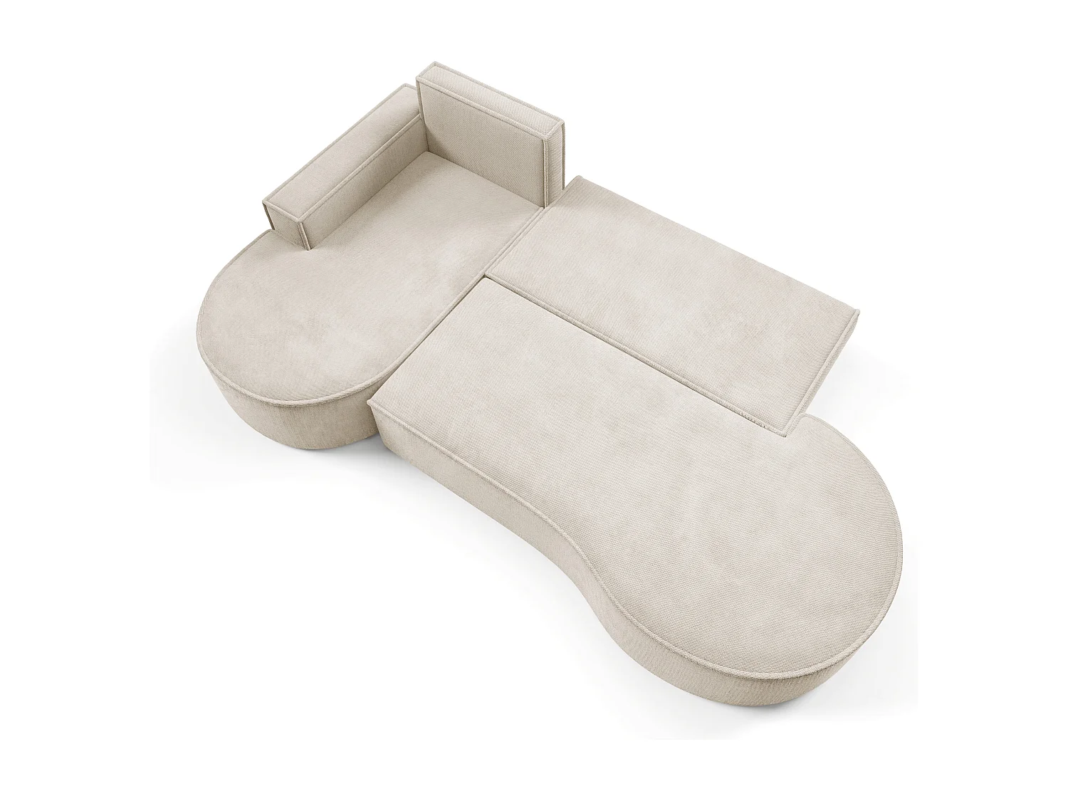 Canapé d'angle MOLLY avec couchage - Design arrondi, autoportant, 140x207 cm, 3 coussins, tissu Abriamo, 277x157x88 cm, côté gauche beige
