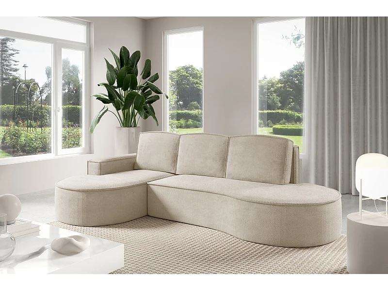 Canapé d'angle MOLLY avec couchage - Design arrondi, autoportant, 140x207 cm, 3 coussins, tissu Abriamo, 277x157x88 cm, côté gauche beige