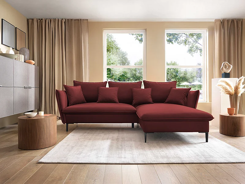 Ecksofa GLOSS mit Schlaffunktion, Ottomane & goldenen Füßen – Samtsofa im GLOSSour-Stil mit Zierkissen, 258x167x91cm, Rechte Seite MÜNZE