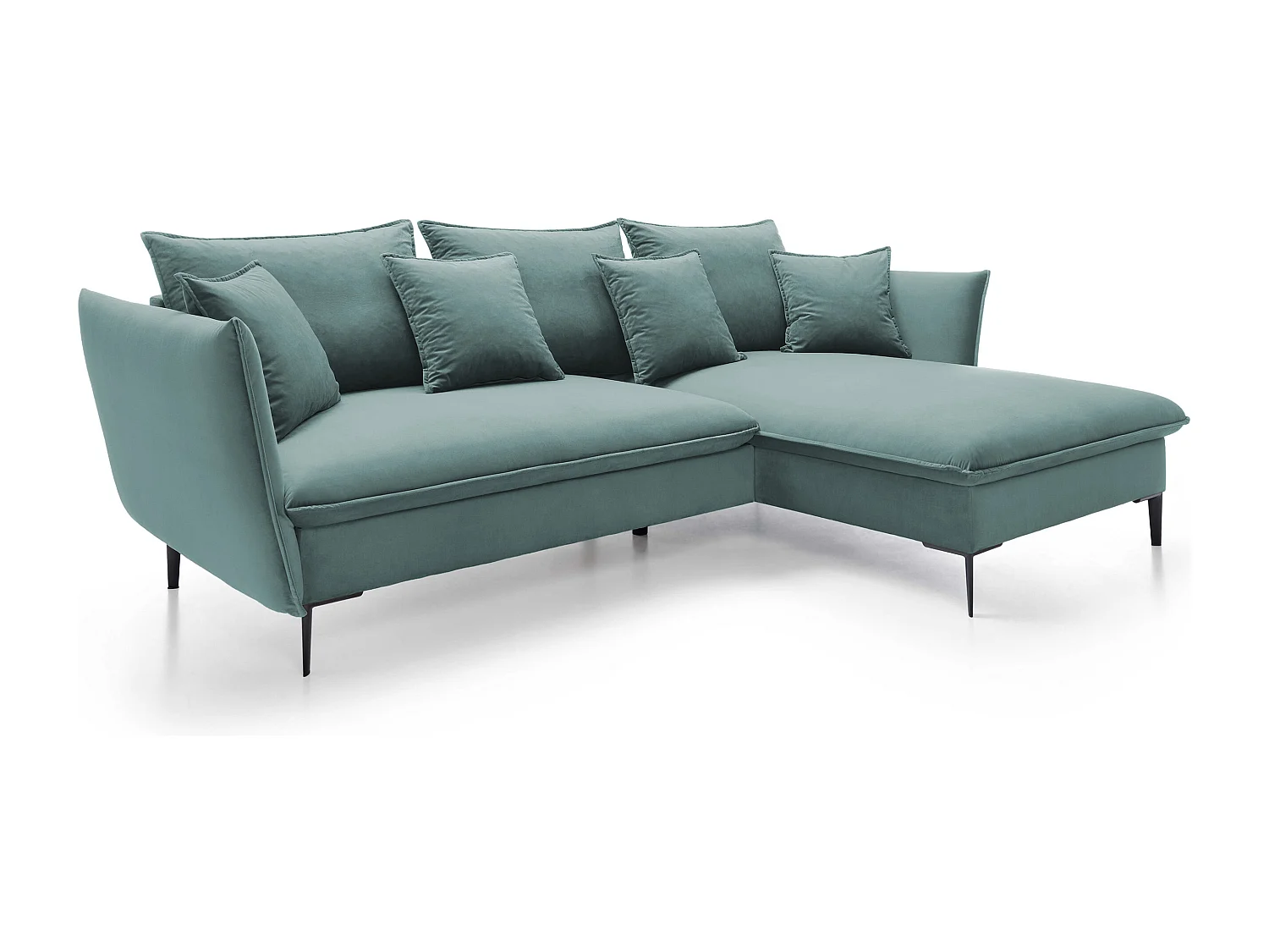 Ecksofa GLOSS mit Schlaffunktion, Ottomane & goldenen Füßen – Samtsofa im GLOSSour-Stil mit Zierkissen, 258x167x91cm, Rechte Seite BLAU