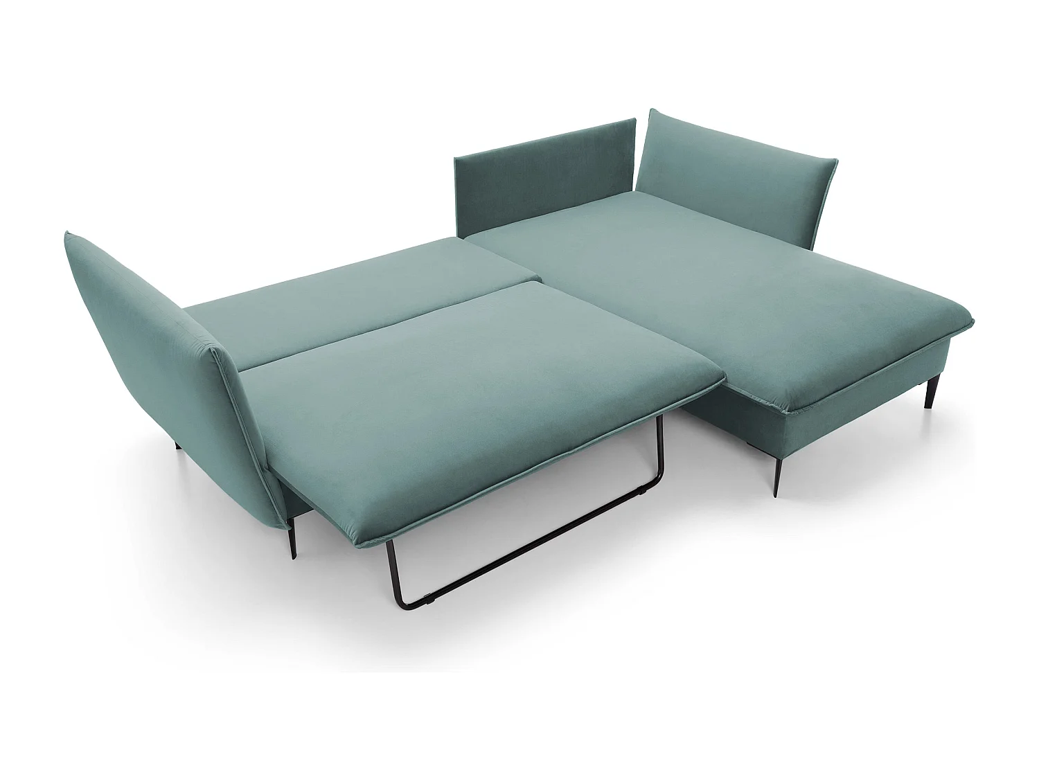 Ecksofa GLOSS mit Schlaffunktion, Ottomane & goldenen Füßen – Samtsofa im GLOSSour-Stil mit Zierkissen, 258x167x91cm, Rechte Seite BLAU