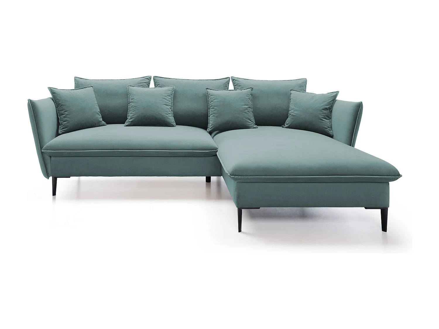 Canapé d'angle GLOSS convertible, ottomane & pieds dorés – canapé en velours style GLOSSour avec coussins déco, 258x167x91 cm, côté droit BLEU