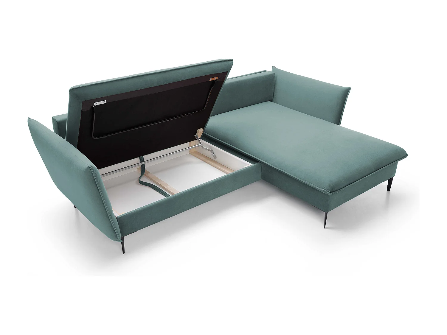 Canapé d'angle GLOSS convertible, ottomane & pieds dorés – canapé en velours style GLOSSour avec coussins déco, 258x167x91 cm, côté droit BLEU