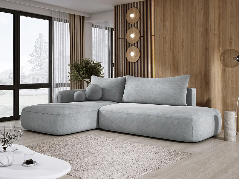 Narożnik BABU z funkcją spania – nowoczesna sofa do salonu, materiał CLOUD, 300x105x60 cm, lewa strona, Jasny Szary