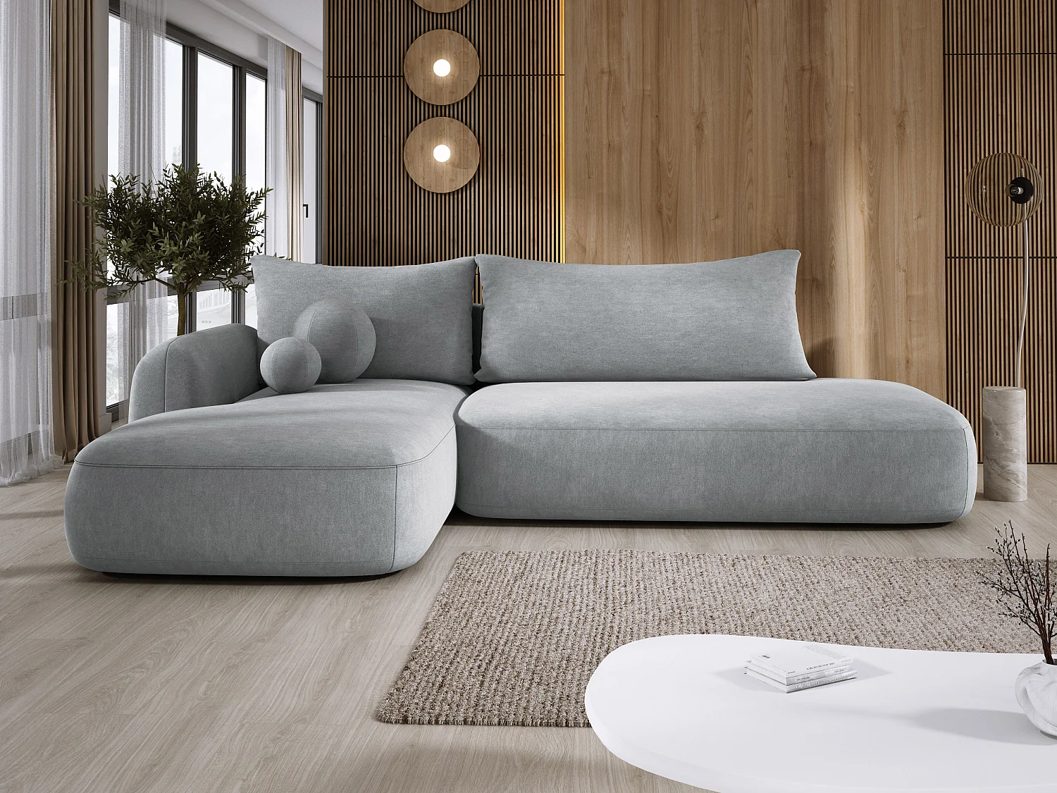 Canapé d'angle BABU avec lit – Sofa convertible moderne CLOUD, 300x105x60cm, côté gauche, Gris clair