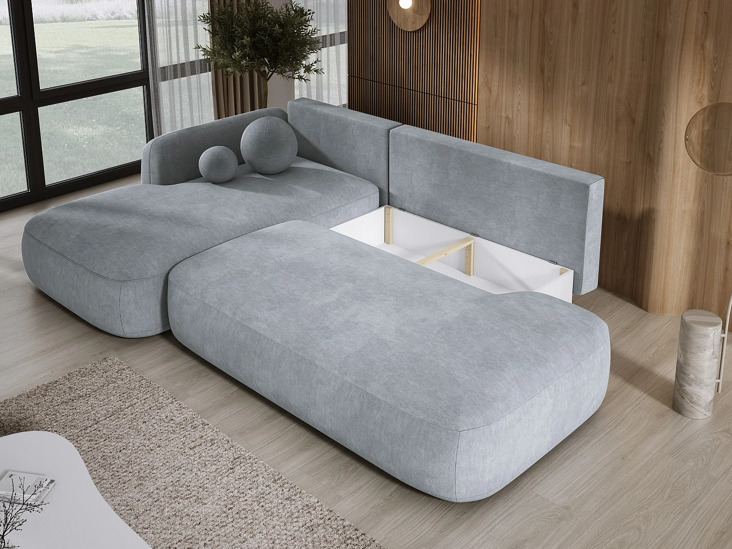Canapé d'angle BABU avec lit – Sofa convertible moderne CLOUD, 300x105x60cm, côté gauche, Gris clair