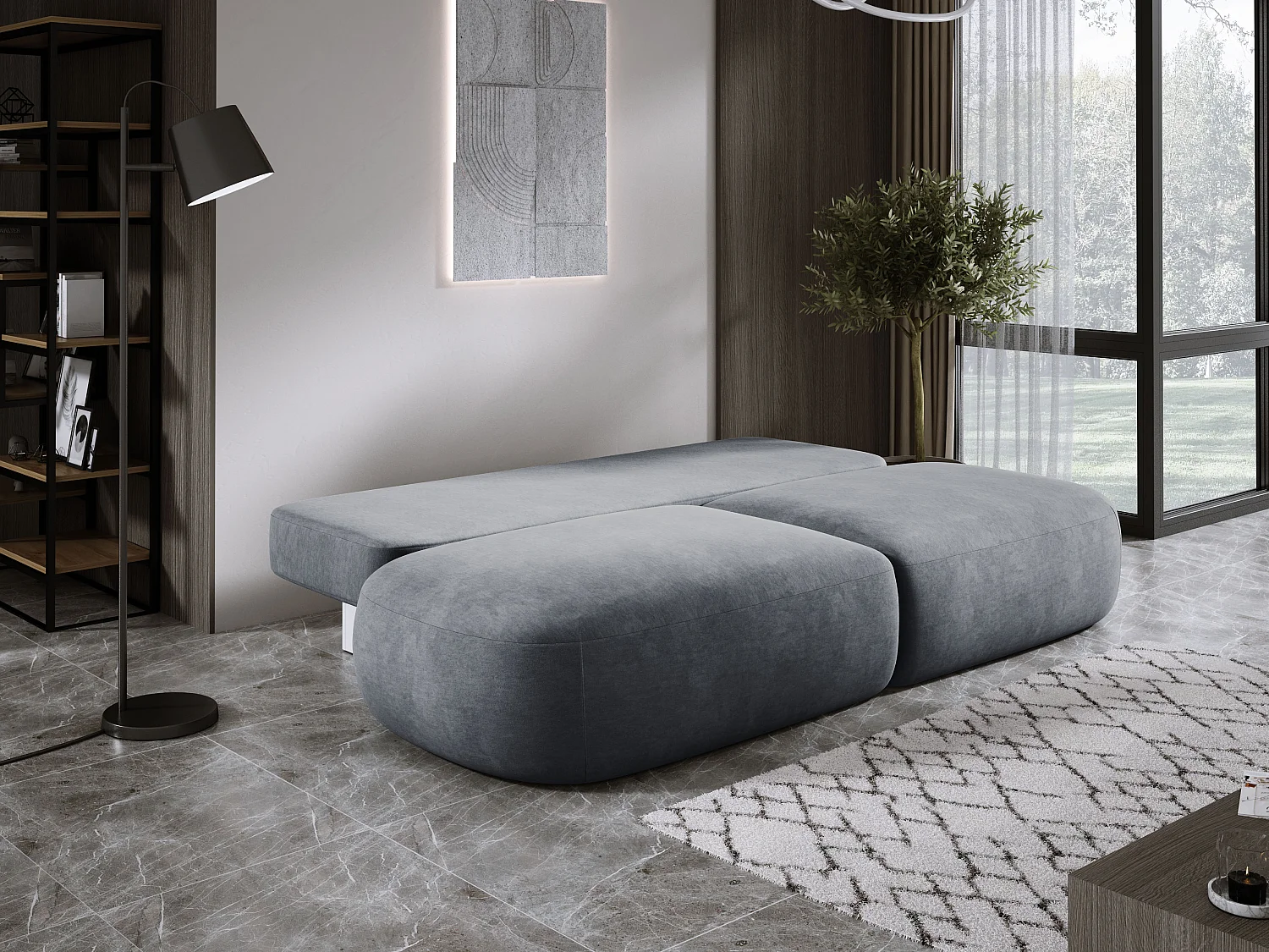 Schlafsofa Moderne  BABU mit Schlaffunktion – 3-Sitzer Sofa mit Bettkasten, DL-Automat, 2 Rückenkissen, 2 Zierkissen, 240x90x90 cm Grau