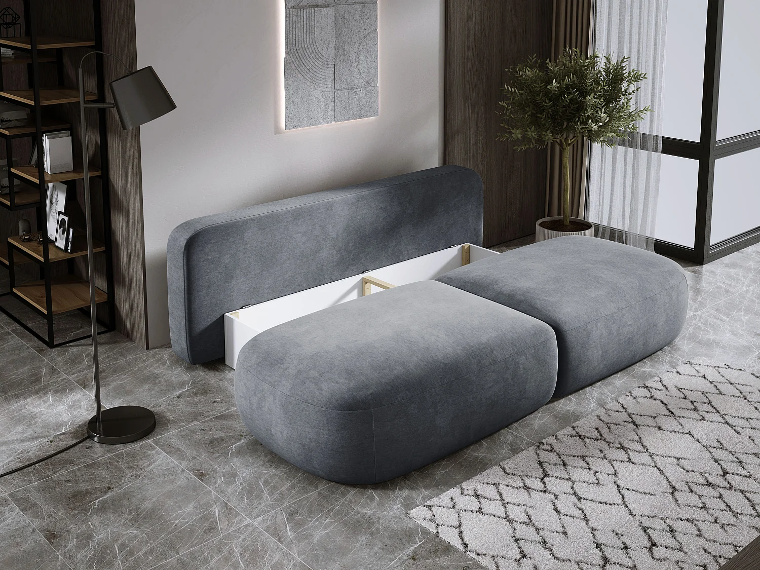 Schlafsofa Moderne  BABU mit Schlaffunktion – 3-Sitzer Sofa mit Bettkasten, DL-Automat, 2 Rückenkissen, 2 Zierkissen, 240x90x90 cm Grau