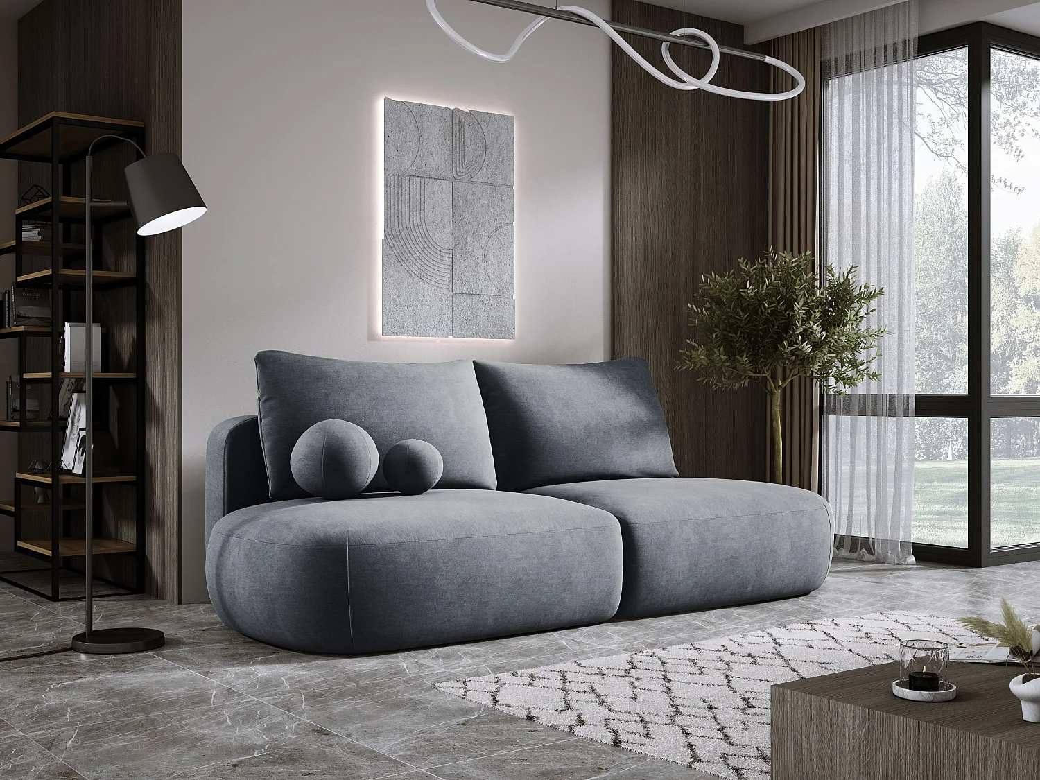 Canapé-lit moderne BABU avec coffre, fonction sommeil, DL-Automat, 2 coussins dossier, 2 coussins déco, 240x90x90 cm Gris