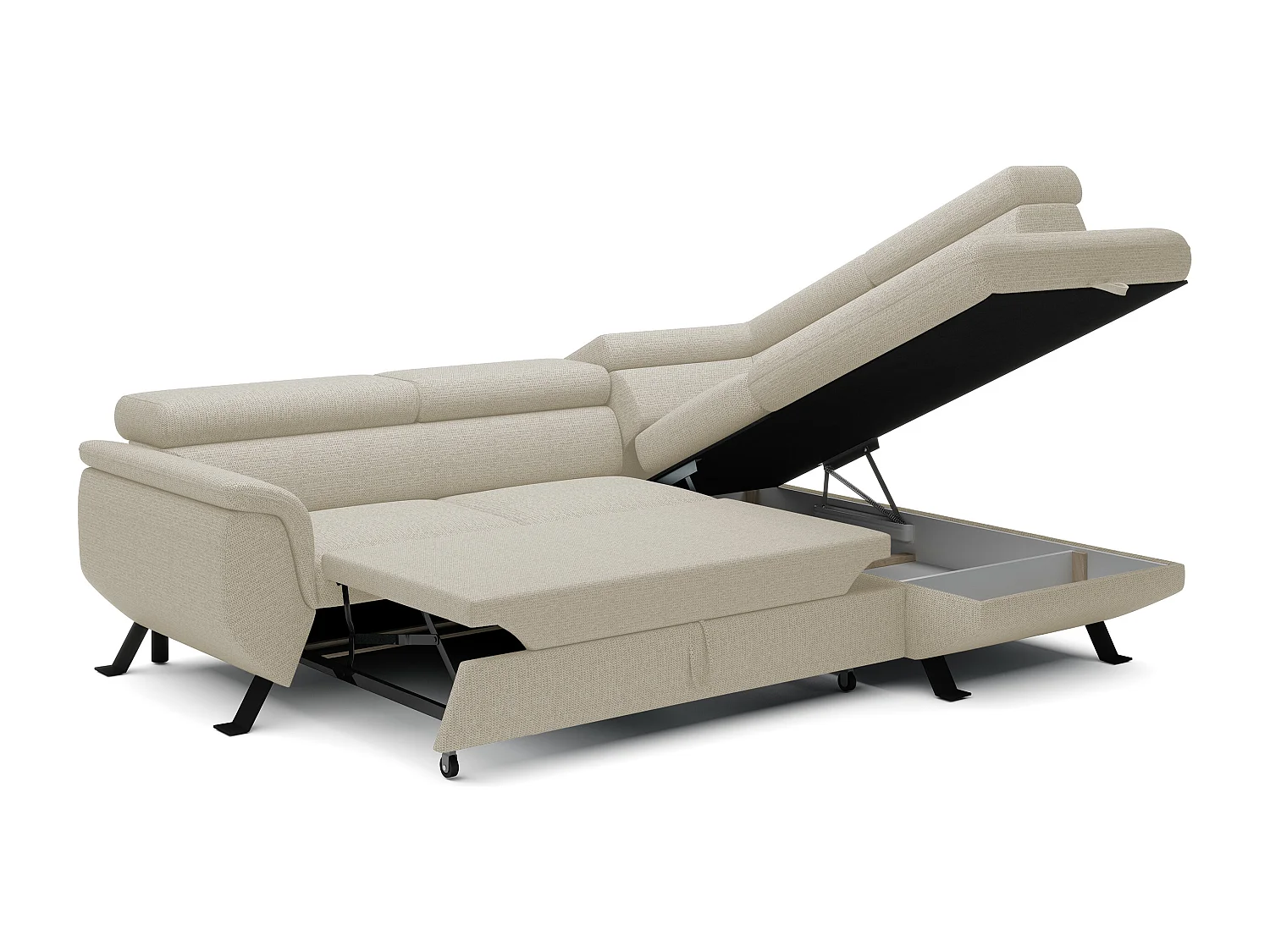 ECKSOFA RAVEN L mit Schlaffunktion und Bettkasten, Freistehend, Polstersofa mit Verstellbaren Kopfstützen, 257x198x96 cm, Rechte Seite, Beige