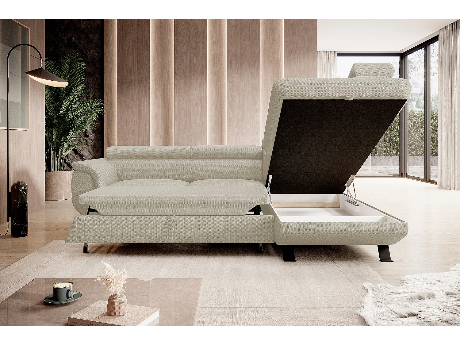 Canapé RAVEN L avec fonction de couchage, compartiment à literie, indépendant, rembourré avec têtières réglables 257x198x96 cm Côté droit Beige