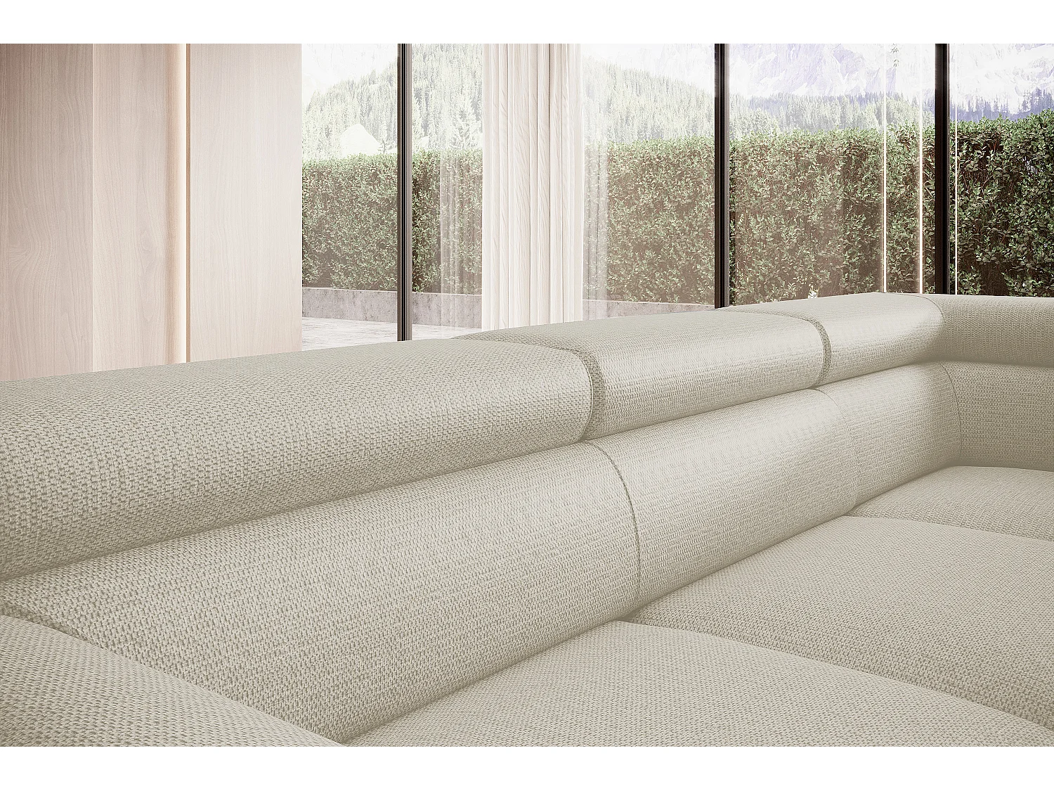 Canapé RAVEN L avec fonction de couchage, compartiment à literie, indépendant, rembourré avec têtières réglables 257x198x96 cm Côté droit Beige